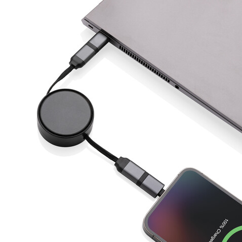 Terra aufrollbares 6-in-1 45W-Kabel aus RCS recyc. Aluminium grau bedrucken, Art.-Nr. P302.752