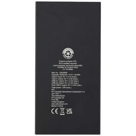 Connect 5000 mAh Powerbank aus recyceltem Aluminium, schwarz bedrucken, Art.-Nr. 12434990