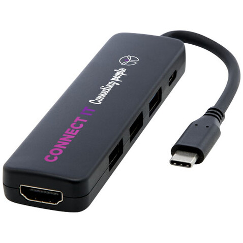 Loop Multimedia-Adapter aus recyceltem RCS Kunststoff USB 2.0-3.0 mit HDMI-Anschluss, schwarz bedrucken, Art.-Nr. 12436890