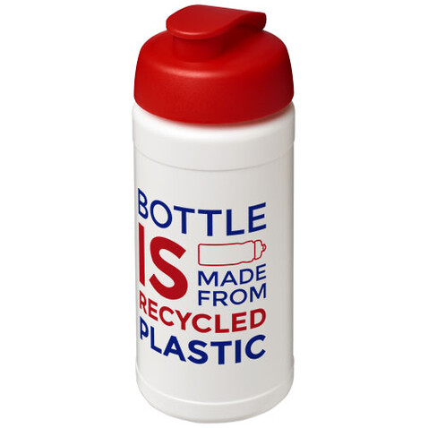 Baseline 500 ml recycelte Sportflasche mit Klappdeckel, weiss, rot bedrucken, Art.-Nr. 21046191