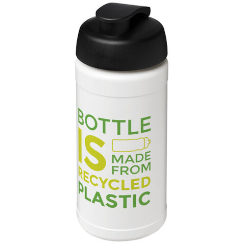 Baseline 500 ml recycelte Sportflasche mit Klappdeckel, weiss, schwarz bedrucken, Art.-Nr. 21046192