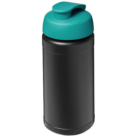 Baseline 500 ml recycelte Sportflasche mit Klappdeckel, schwarz, aquablau bedrucken, Art.-Nr. 21046196