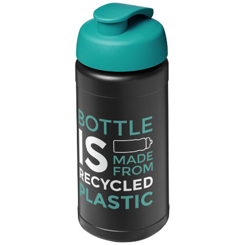 Baseline 500 ml recycelte Sportflasche mit Klappdeckel, schwarz, aquablau bedrucken, Art.-Nr. 21046196