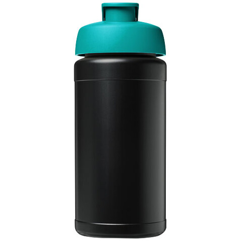 Baseline 500 ml recycelte Sportflasche mit Klappdeckel, schwarz, aquablau bedrucken, Art.-Nr. 21046196