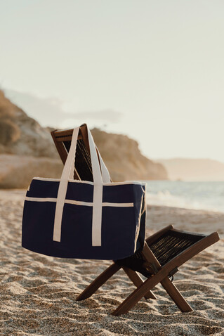 VINGA Volonne AWARE™ Strandtasche aus recyceltem Canvas blau, off white bedrucken, Art.-Nr. V762035