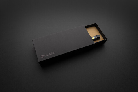 Gear X USB aufladbare Stiftleuchte aus RCS recyc. Kunststoff grau, schwarz bedrucken, Art.-Nr. P513.262