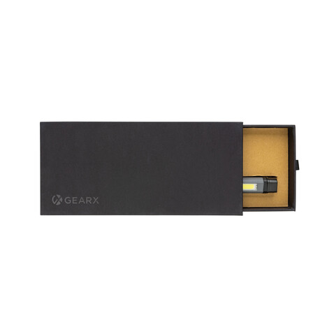 Gear X USB aufladbare Stiftleuchte aus RCS recyc. Kunststoff grau, schwarz bedrucken, Art.-Nr. P513.262