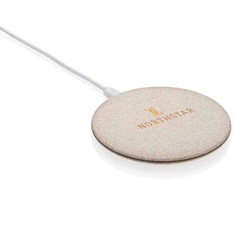 5W Weizenstroh Wireless Charger khaki bedrucken, Art.-Nr. P308.729