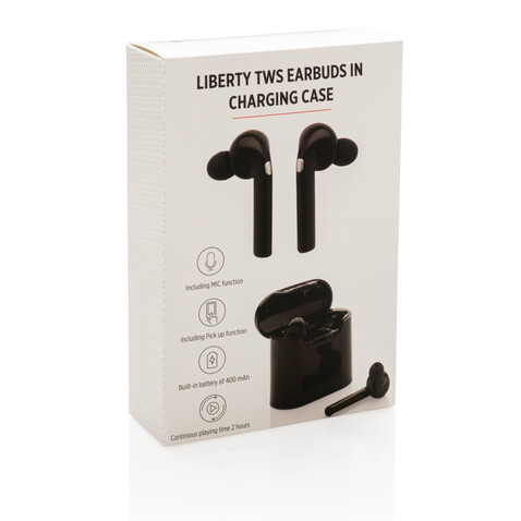 Liberty kabellose Kopfhörer in Ladebox schwarz bedrucken, Art.-Nr. P329.011