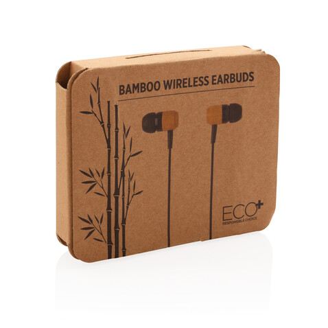 Kabellose Ohrhörer aus Bambus braun, schwarz bedrucken, Art.-Nr. P329.109