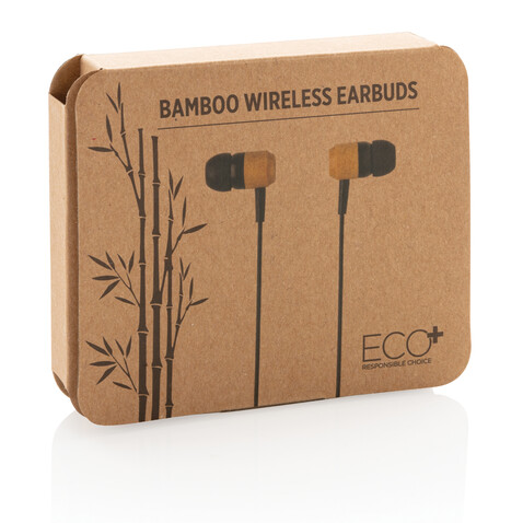 Kabellose Ohrhörer aus Bambus braun, schwarz bedrucken, Art.-Nr. P329.109