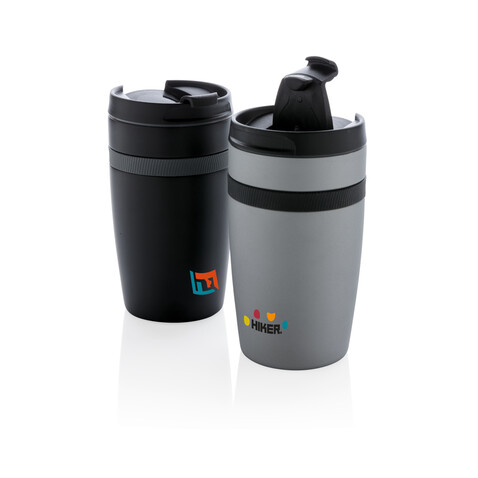 Sierra auslaufsicherer Vakuum-Becher silber, schwarz bedrucken, Art.-Nr. P432.802