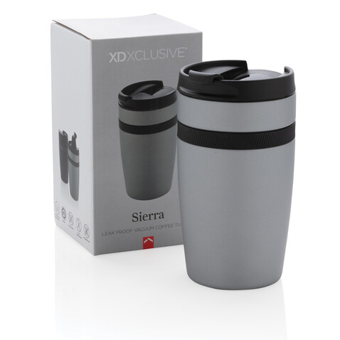 Sierra auslaufsicherer Vakuum-Becher silber, schwarz bedrucken, Art.-Nr. P432.802