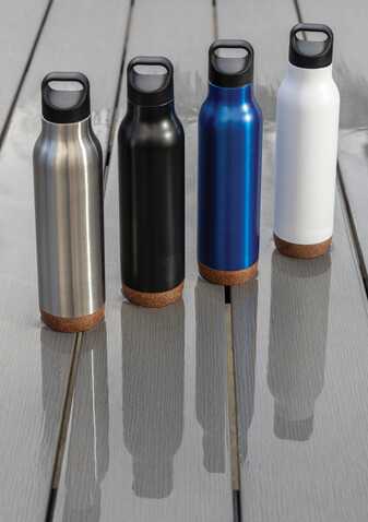 Auslaufsichere Vakuum-Flasche mit Kork blau bedrucken, Art.-Nr. P433.285
