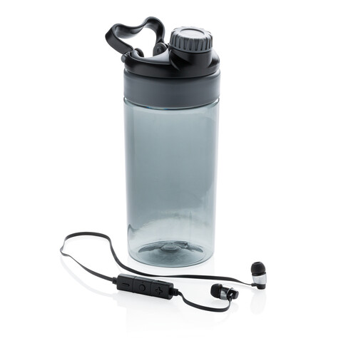 Auslaufsichere Flasche mit kabellosem Kopfhörer anthrazit, schwarz bedrucken, Art.-Nr. P436.441