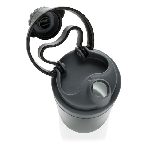 Auslaufsichere Flasche mit kabellosem Kopfhörer anthrazit, schwarz bedrucken, Art.-Nr. P436.441