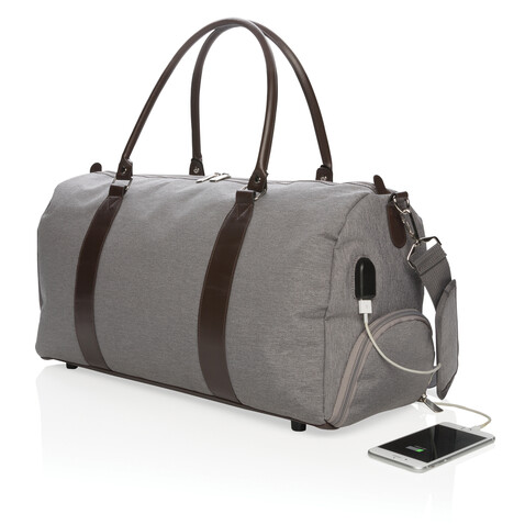 Wochenendtasche mit USB A-Ausgang grau bedrucken, Art.-Nr. P707.052