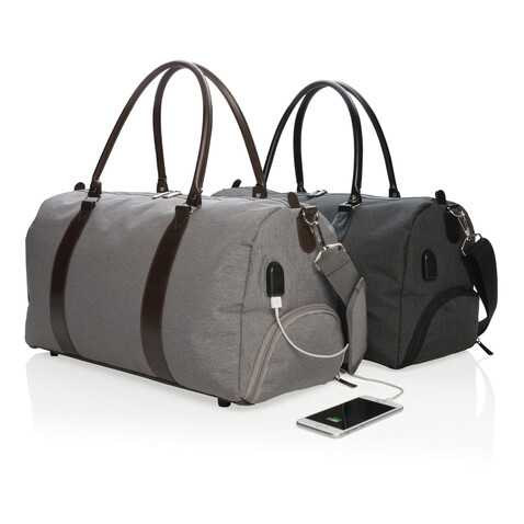 Wochenendtasche mit USB A-Ausgang grau bedrucken, Art.-Nr. P707.052
