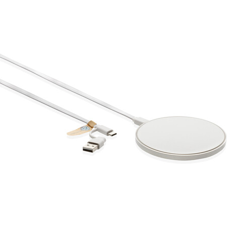 10W Wireless Charger aus RCS Standard recyceltem Kunststoff weiß bedrucken, Art.-Nr. P308.663