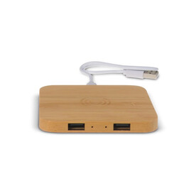 Bamboo Wireless charger with 2 USB hubs 5W - Holz bedrucken, Art.-Nr. LT95048-N0093