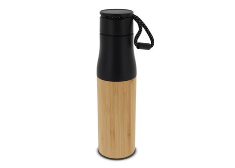 Isolierflasche Bambus mit Trageschlaufe 500ml - Schwarz bedrucken, Art.-Nr. LT98857-N0002
