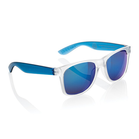 Gleam Sonnenbrille aus RCS rec. PC mit verspiegelten Gläsern blau, weiß bedrucken, Art.-Nr. P453.8705