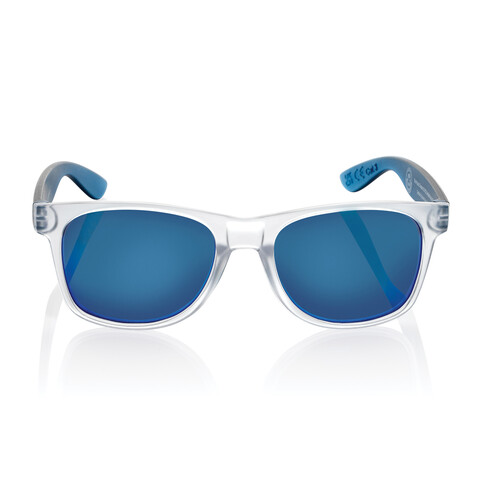 Gleam Sonnenbrille aus RCS rec. PC mit verspiegelten Gläsern blau, weiß bedrucken, Art.-Nr. P453.8705