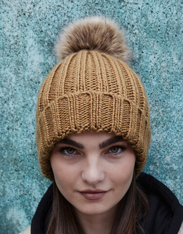 Beechfield Fur Pop Pom Chunky Beanie, Biscuit, One Size bedrucken, Art.-Nr. 364690110