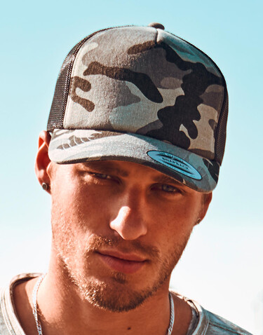 Flexfit Camo Trucker Cap, Wood Camo/Black, One Size bedrucken, Art.-Nr. 615687530