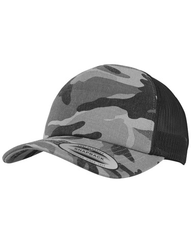 Flexfit Camo Trucker Cap, Wood Camo/Black, One Size bedrucken, Art.-Nr. 615687530
