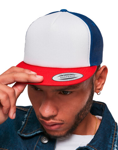 Flexfit Foam Trucker with White Front, Navy/White/Navy, One Size bedrucken, Art.-Nr. 652682800