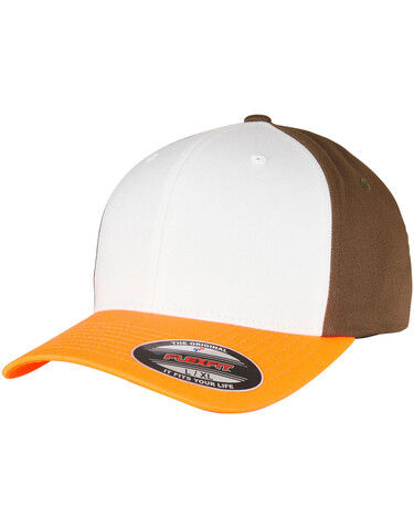 Flexfit 3-Tone Flexfit Cap, Neonorange/White/Olive, S/M bedrucken, Art.-Nr. 658684841