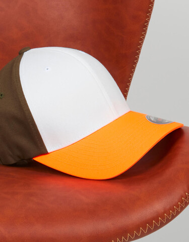 Flexfit 3-Tone Flexfit Cap, Neonorange/White/Olive, S/M bedrucken, Art.-Nr. 658684841
