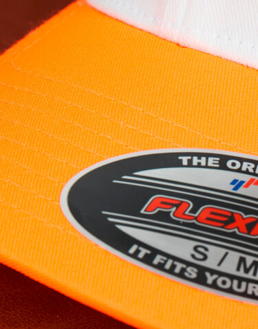Flexfit 3-Tone Flexfit Cap, Neonorange/White/Olive, S/M bedrucken, Art.-Nr. 658684841