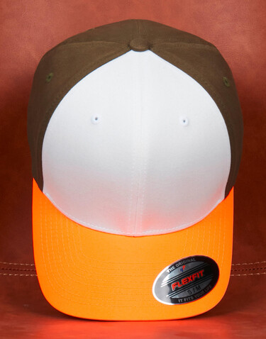 Flexfit 3-Tone Flexfit Cap, Neonorange/White/Olive, S/M bedrucken, Art.-Nr. 658684841