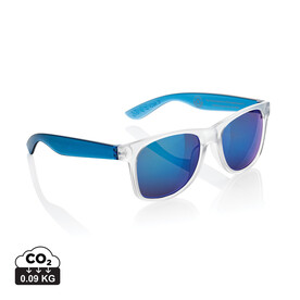 Gleam Sonnenbrille aus RCS rec. PC mit verspiegelten Gläsern blau, weiß bedrucken, Art.-Nr. P453.8705