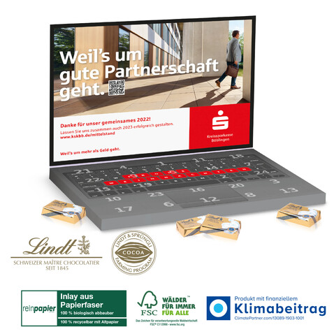 Adventskalender „Laptop“ Lindt Organic mit Lindt Schokotäfelchen bedrucken, Art.-Nr. 55336-W