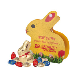 Werbe-Hase mit Goldhase und Schoko-Eier von Lindt auf Graspapier bedrucken, Art.-Nr. 94544-G-O