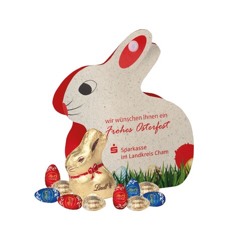 Werbe-Hase mit Goldhase und Schoko-Eier von Lindt auf Graspapier bedrucken, Art.-Nr. 94544-G-O