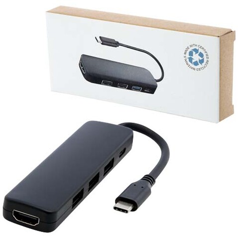 Loop Multimedia-Adapter aus recyceltem RCS Kunststoff USB 2.0-3.0 mit HDMI-Anschluss, schwarz bedrucken, Art.-Nr. 12436890