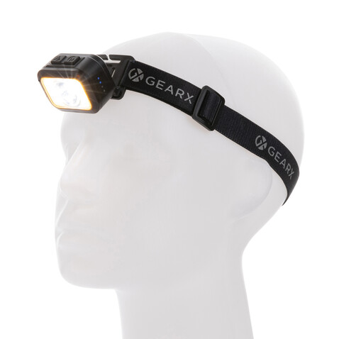 Gear X Hochleistungs-Kopflampe aus RCS rPlastik schwarz, grau bedrucken, Art.-Nr. P513.102