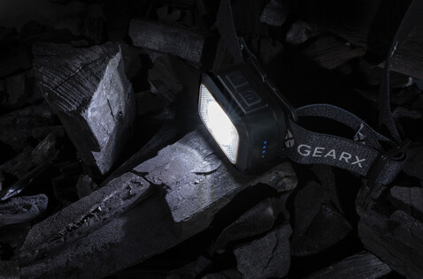 Gear X Hochleistungs-Kopflampe aus RCS rPlastik schwarz, grau bedrucken, Art.-Nr. P513.102