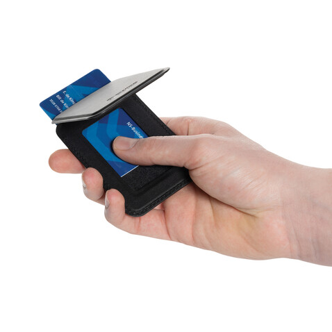 Magstand magnetische Handytasche mit Ständer aus RCS rec. PU schwarz bedrucken, Art.-Nr. P301.7501