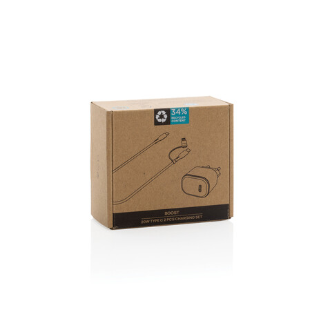 Boost 2-tlg. 20W Type-C Ladeset aus RCS recyceltem PET schwarz bedrucken, Art.-Nr. P301.2501