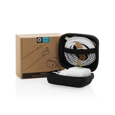 Boost 2-tlg. 20W Type-C Ladeset aus RCS recyceltem PET schwarz bedrucken, Art.-Nr. P301.2501