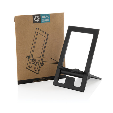 SnapStand faltbarer Telefonständer aus RCS recyceltem ABS schwarz bedrucken, Art.-Nr. P301.4101