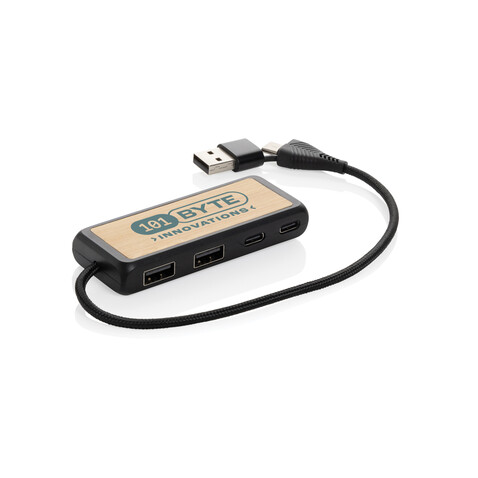 Link Dual Input USB Hub aus RCS rec. Kunststoff und Bambus schwarz bedrucken, Art.-Nr. P308.5601