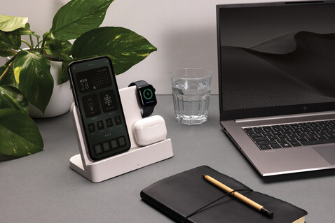 Joltz dual 15W-Ladegerät aus RCS rec. ABS mit iWatch-Slot weiß bedrucken, Art.-Nr. P308.6103