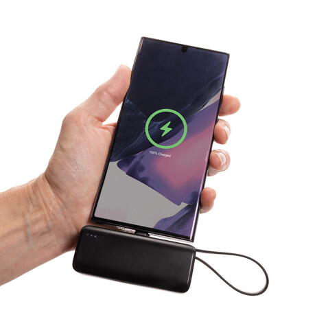 Powerlink 3000mah Powerbank aus RCS rPlastic mit USB-C Kabel schwarz bedrucken, Art.-Nr. P322.4901