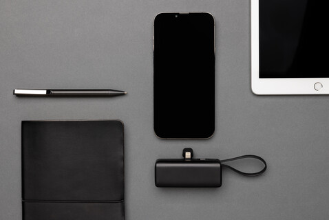 Powerlink 3000mah iOS-Connector Powerbank aus RCS rPlastic schwarz bedrucken, Art.-Nr. P322.5001